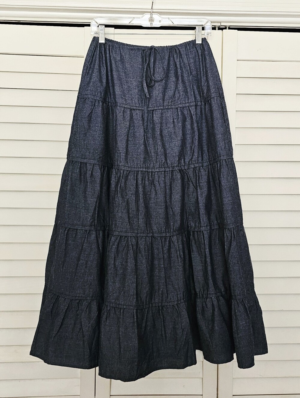 Sunday Edition Chambray Tiered Skirt Size S Maxi Drawstring Waist Cotton Poly